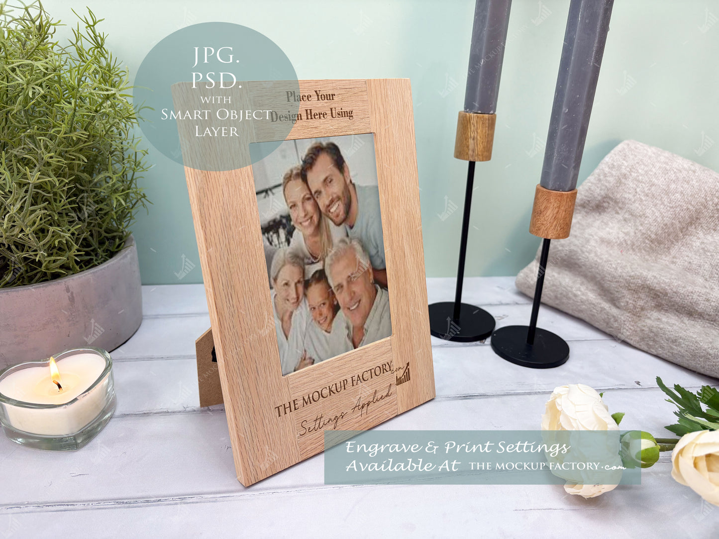 Oak Portrait Photo Frame Mockup Bundle - Print & Engraving  - Pastel Floral - PSD Templates with Smart Object - UK Product Mockup