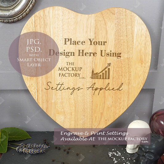 Heart Rubberwood Chopping Board Mockup PSD - Dark Gothic Style Mockup - Smart Object Template with Smart Object - UK Product Mockup