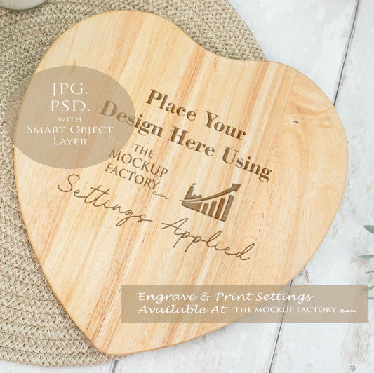 Heart Shape Rubberwood Chopping Board Mockup PSD - Natural Botanicals Style Mockup - Smart Object Template with Smart Object - UK Product Mockup