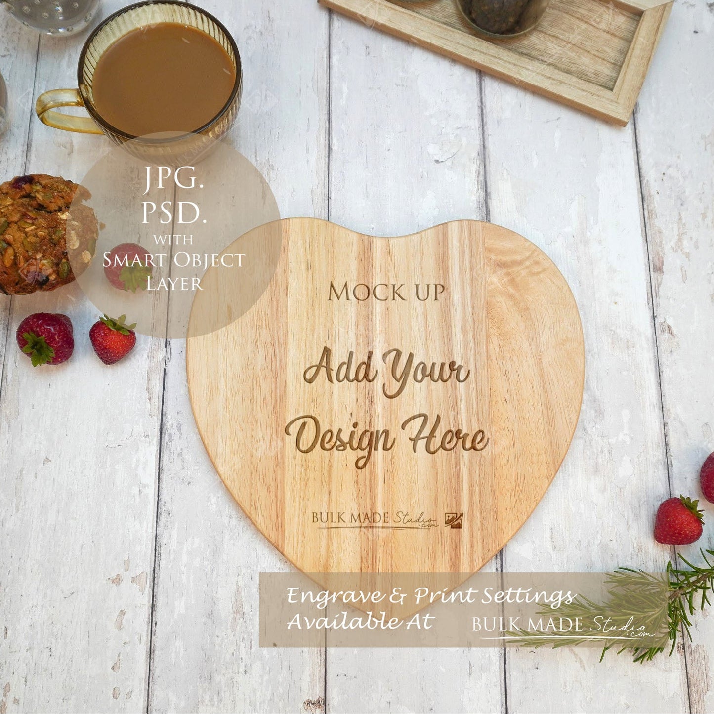Heart Rubberwood Chopping Board Mockup PSD Bundle - Summer Floral Style Mockup - Smart Object Template with Smart Object - UK Product Mockup