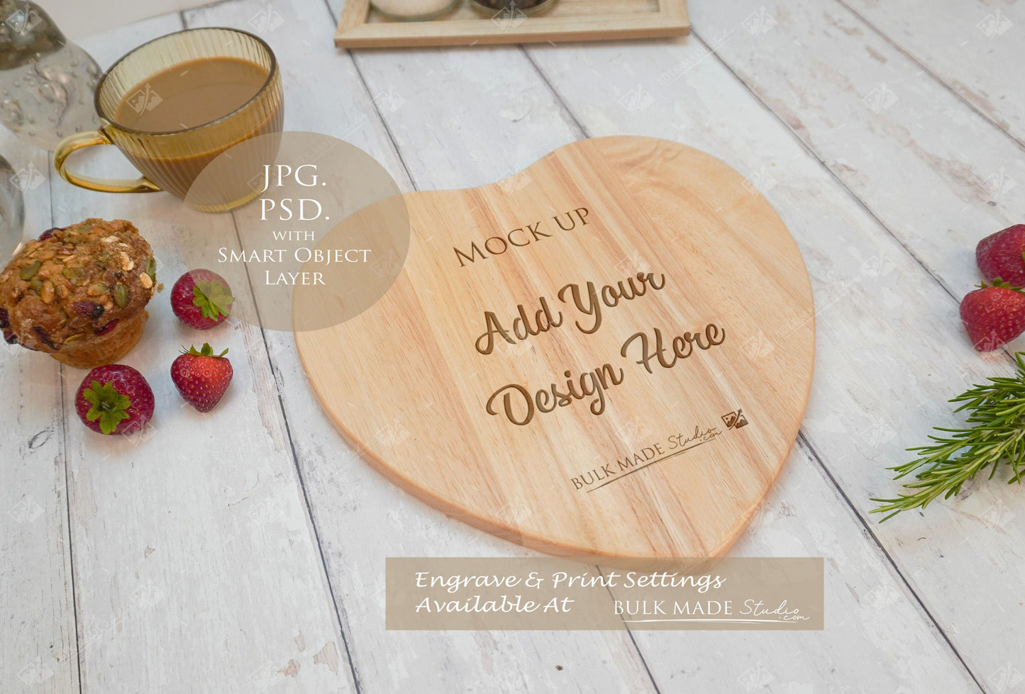 Heart Rubberwood Chopping Board Mockup PSD Bundle - Summer Floral Style Mockup - Smart Object Template with Smart Object - UK Product Mockup