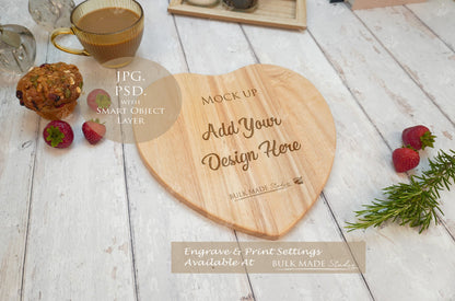 Heart Rubberwood Chopping Board Mockup PSD Bundle - Summer Floral Style Mockup - Smart Object Template with Smart Object - UK Product Mockup