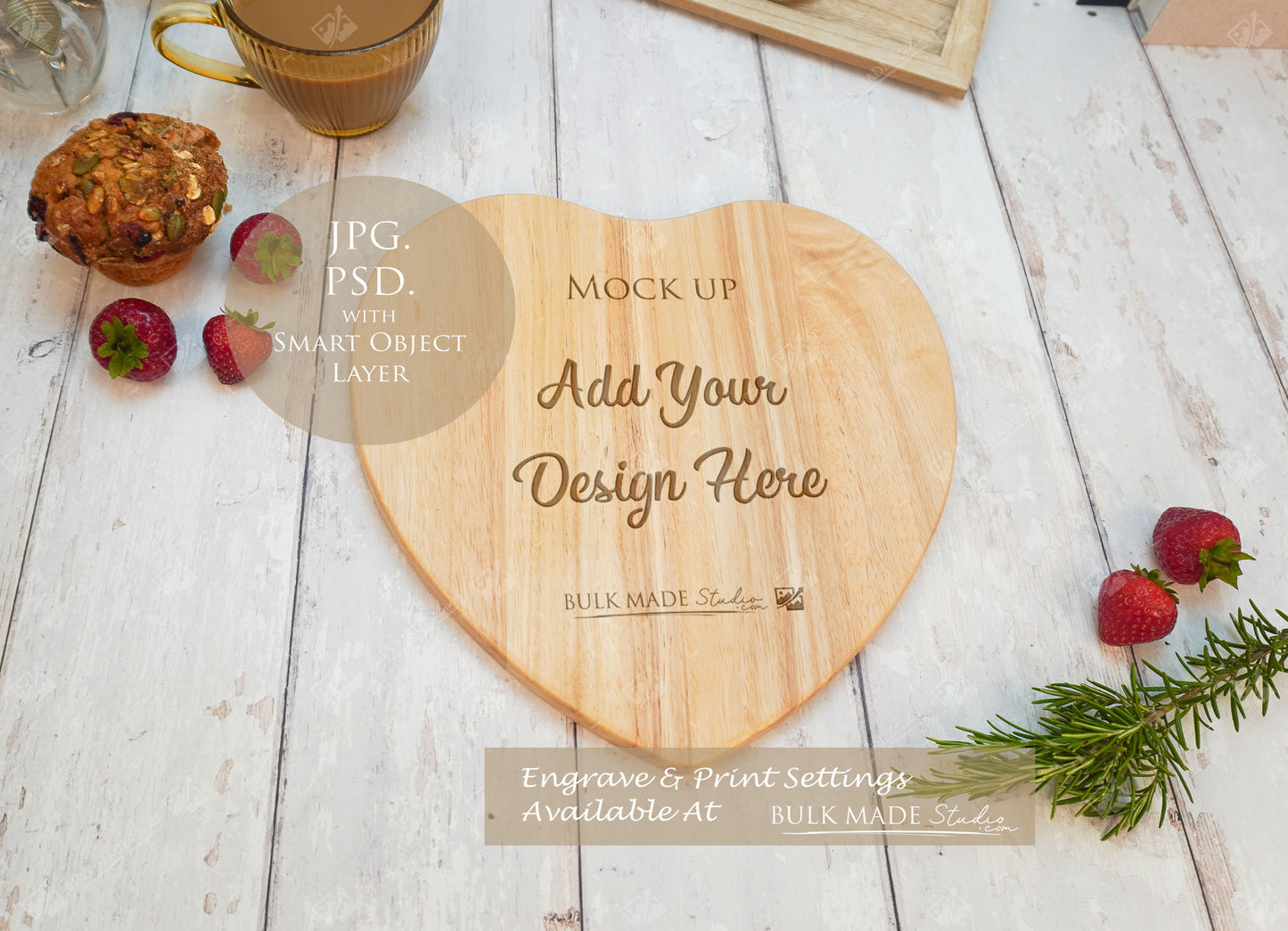 Heart Rubberwood Chopping Board Mockup PSD Bundle - Summer Floral Style Mockup - Smart Object Template with Smart Object - UK Product Mockup