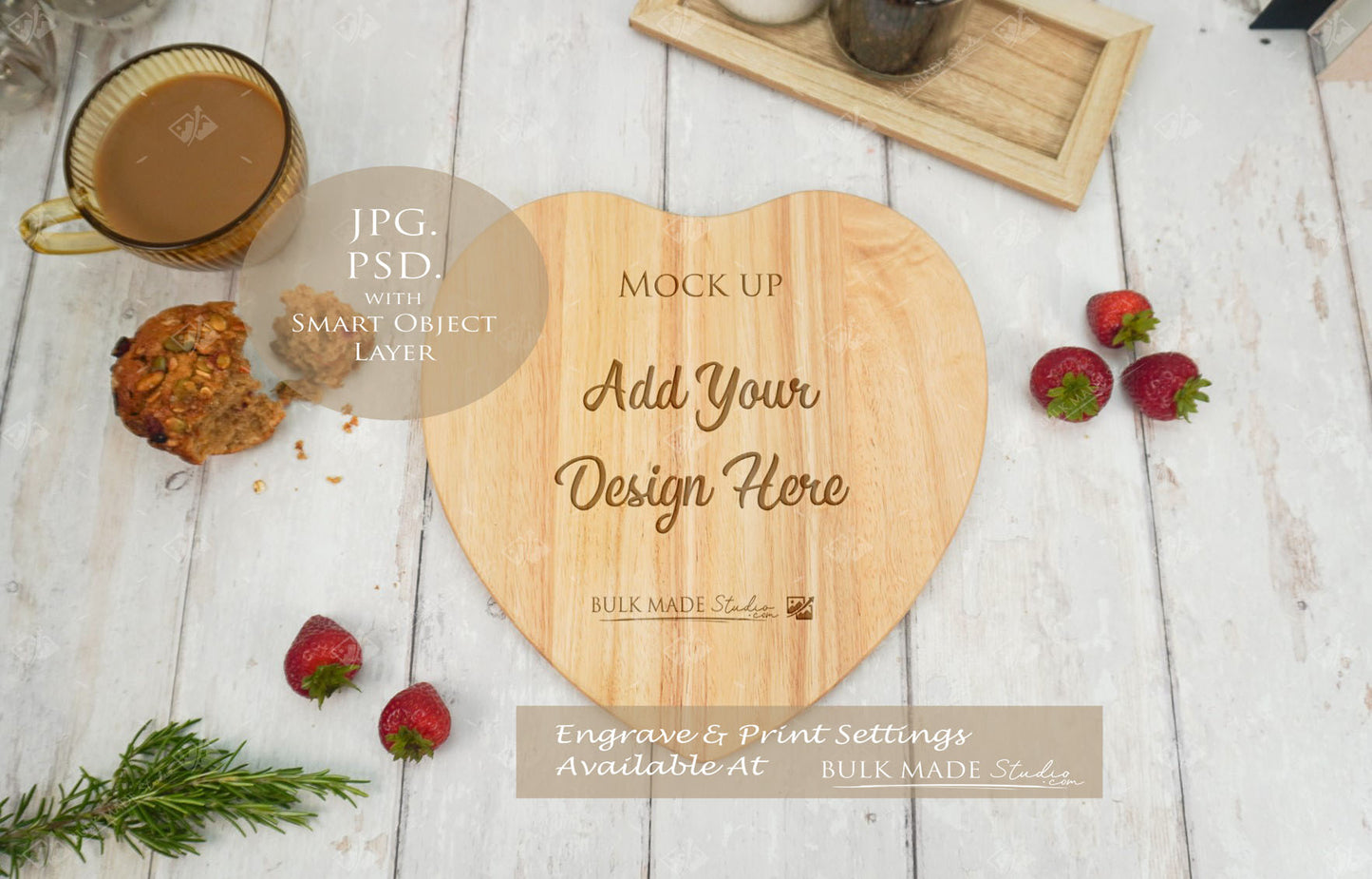 Heart Rubberwood Chopping Board Mockup PSD Bundle - Summer Floral Style Mockup - Smart Object Template with Smart Object - UK Product Mockup