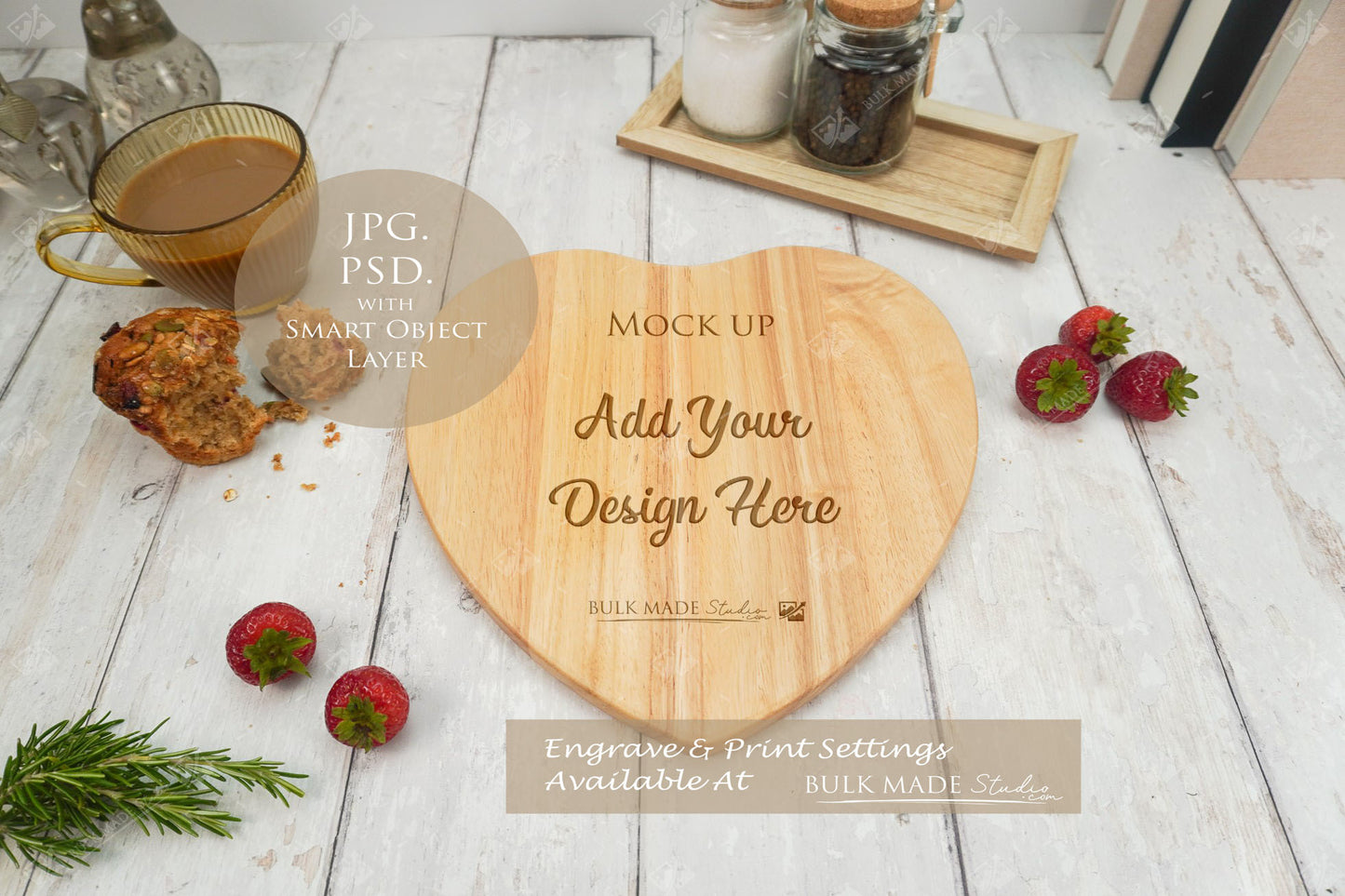 Heart Rubberwood Chopping Board Mockup PSD Bundle - Summer Floral Style Mockup - Smart Object Template with Smart Object - UK Product Mockup