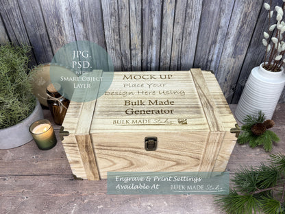 Rustic Burnt Finish Rectangle Chest Box Mockup Bundle - Engrave or Print - Scandi Pine - PSD Templates with Smart Object - UK Product Mockup