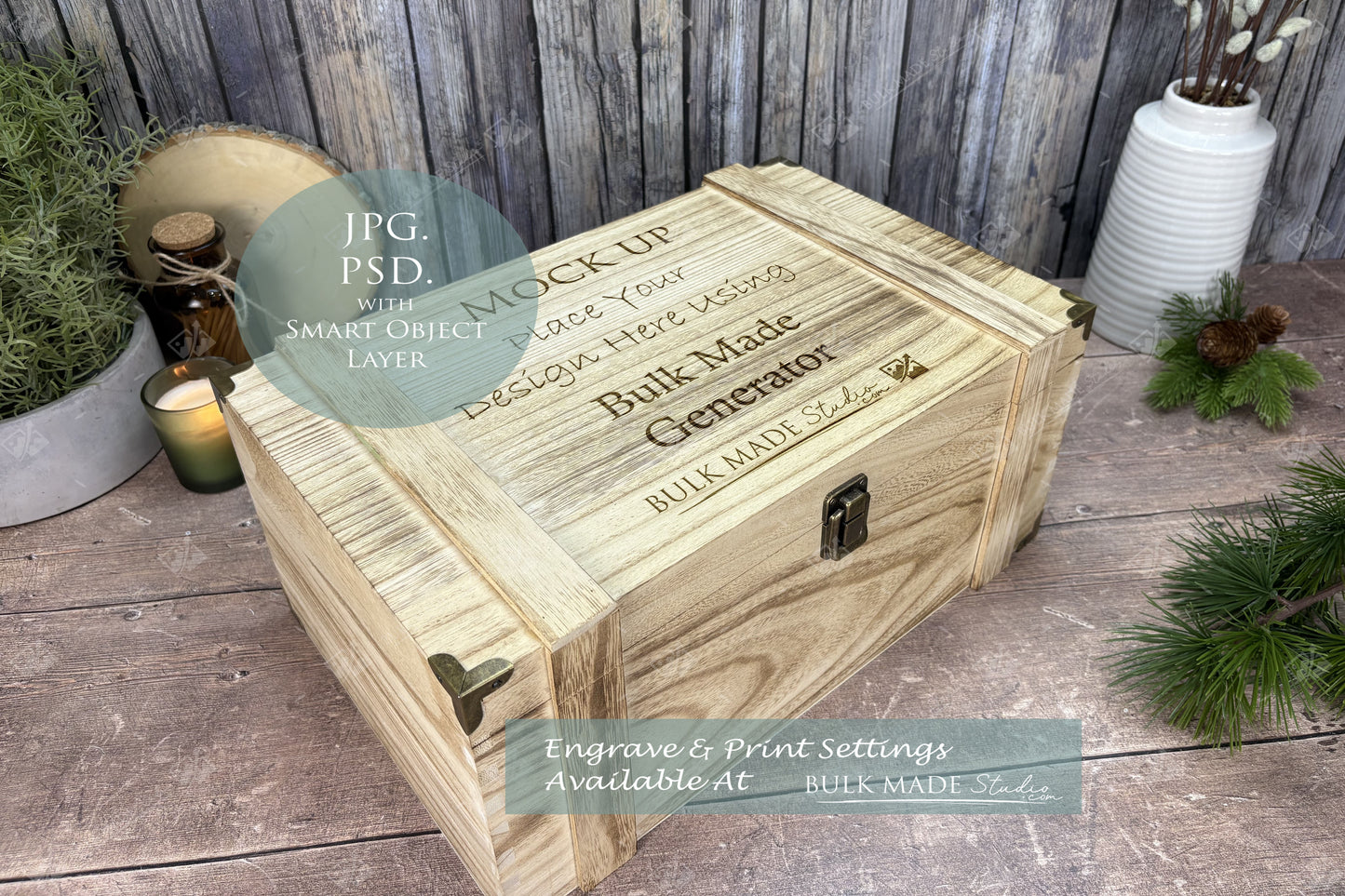 Rustic Burnt Finish Rectangle Chest Box Mockup Bundle - Engrave or Print - Scandi Pine - PSD Templates with Smart Object - UK Product Mockup