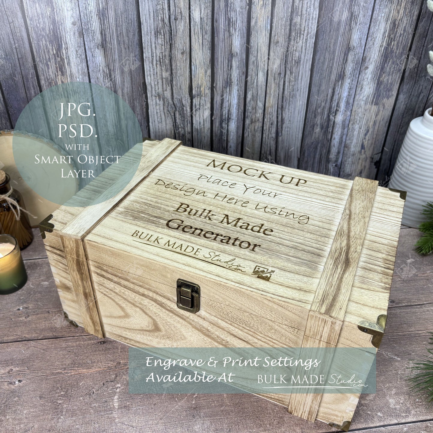Rustic Burnt Finish Rectangle Chest Box Mockup Bundle - Engrave or Print - Scandi Pine - PSD Templates with Smart Object - UK Product Mockup
