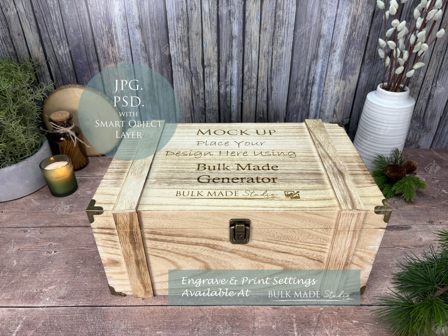 Rustic Burnt Finish Rectangle Chest Box Mockup Bundle - Engrave or Print - Scandi Pine - PSD Templates with Smart Object - UK Product Mockup