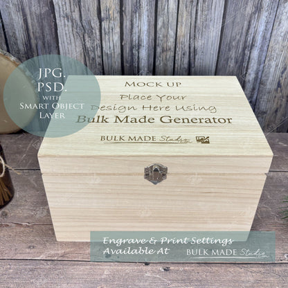 Deep Rectangle Wooden Box Mockup - Engrave or Print - Scandi Pine - PSD Templates with Smart Object - UK Product Mockup