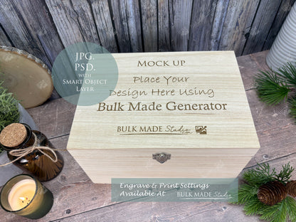 Deep Rectangle Wooden Box Mockup - Engrave or Print - Scandi Pine - PSD Templates with Smart Object - UK Product Mockup