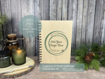 Plywood Notebook, Guest Book Mockup, Landscape & Portrait Mockup -  Print & Engraving  - Scandi Pine - PSD Templates with Smart Object - UK Product Mockup