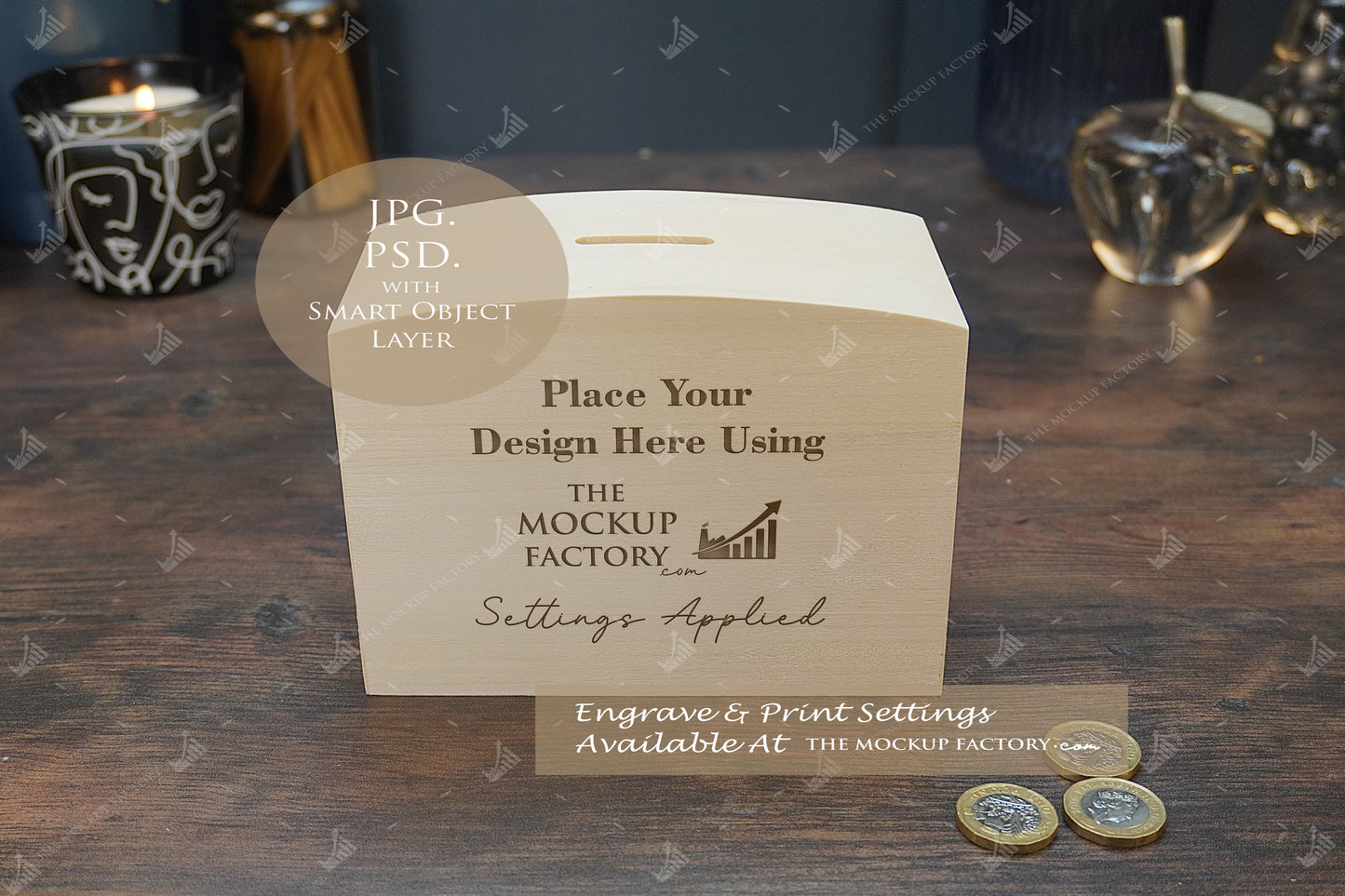 Wooden Dome Money Box Mockup Bundle - Print  or Engrave  - Dark Vintage - PSD Template with Smart Object - UK Product Mockup