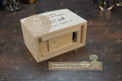 Wooden Dome Money Box Mockup Bundle - Print  or Engrave  - Dark Vintage - PSD Template with Smart Object - UK Product Mockup