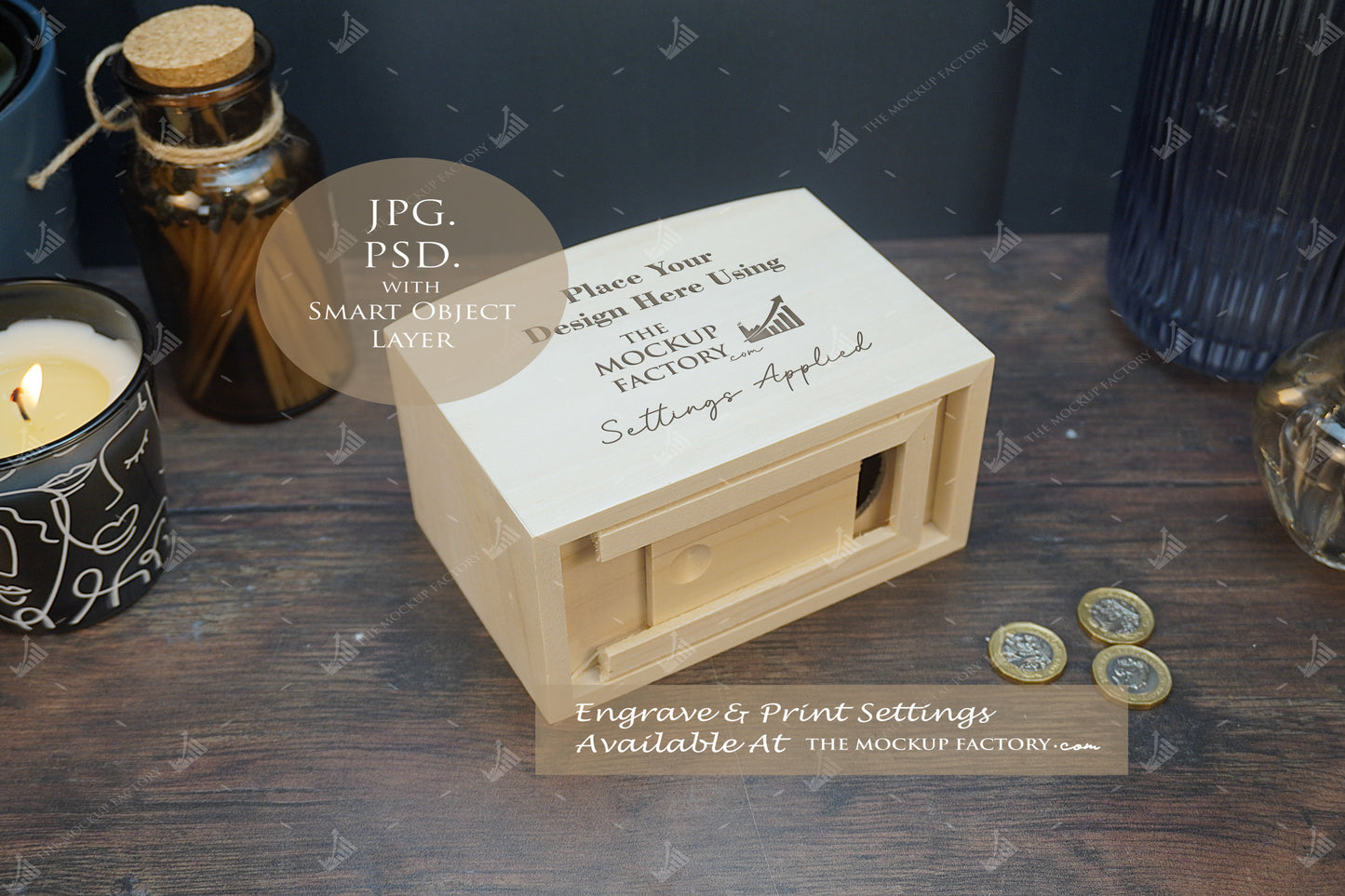 Wooden Dome Money Box Mockup Bundle - Print  or Engrave  - Dark Vintage - PSD Template with Smart Object - UK Product Mockup