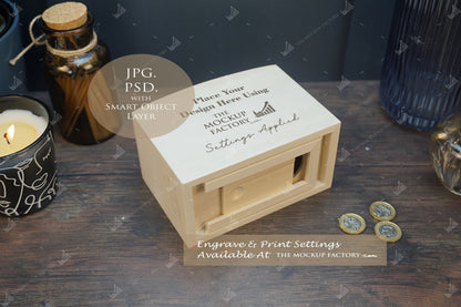 Wooden Dome Money Box Mockup Bundle - Print  or Engrave  - Dark Vintage - PSD Template with Smart Object - UK Product Mockup