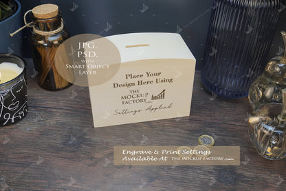 Wooden Dome Money Box Mockup Bundle - Print  or Engrave  - Dark Vintage - PSD Template with Smart Object - UK Product Mockup