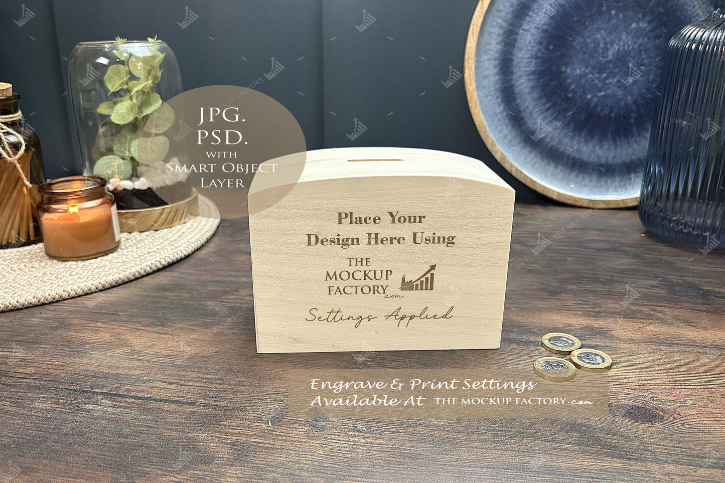 Wooden Dome Money Box Mockup Bundle - Print  or Engrave  - Dark Vintage - PSD Template with Smart Object - UK Product Mockup