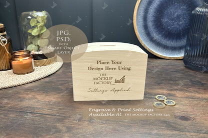 Wooden Dome Money Box Mockup Bundle - Print  or Engrave  - Dark Vintage - PSD Template with Smart Object - UK Product Mockup