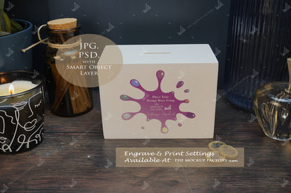 White Flat Top Money Box Mockup Bundle - Print - Dark Vintage - PSD Template with Smart Object - UK Product Mockup