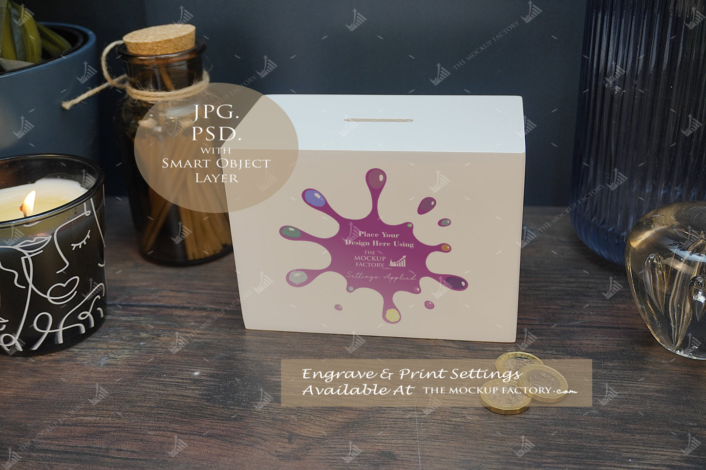 White Flat Top Money Box Mockup Bundle - Print - Dark Vintage - PSD Template with Smart Object - UK Product Mockup