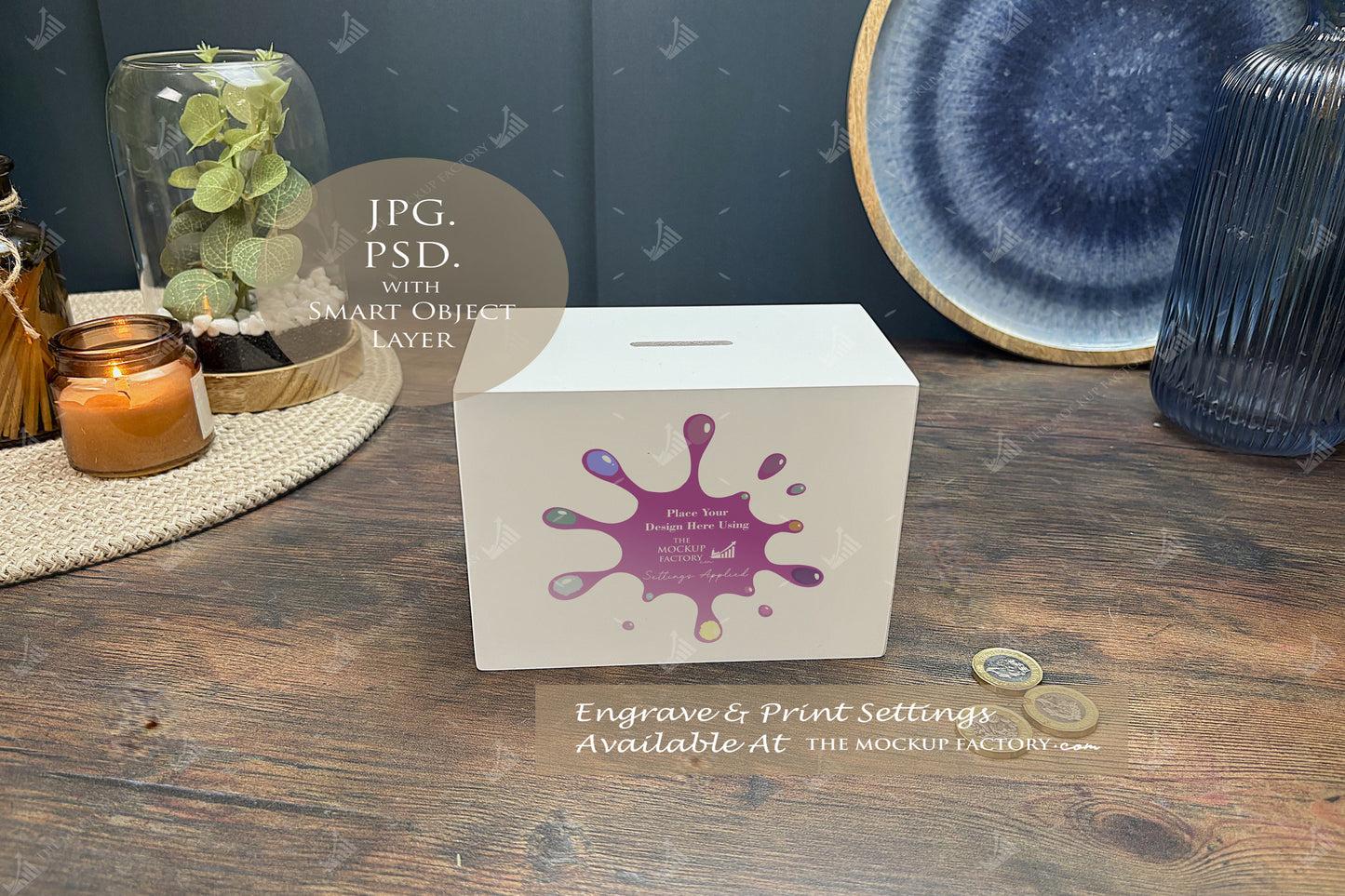 White Flat Top Money Box Mockup Bundle - Print - Dark Vintage - PSD Template with Smart Object - UK Product Mockup