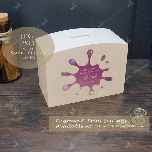 White Lacquered & Wooden Dome Money Box Mockup - Print - Dark Vintage - PSD Template with Smart Object - UK Product Mockup