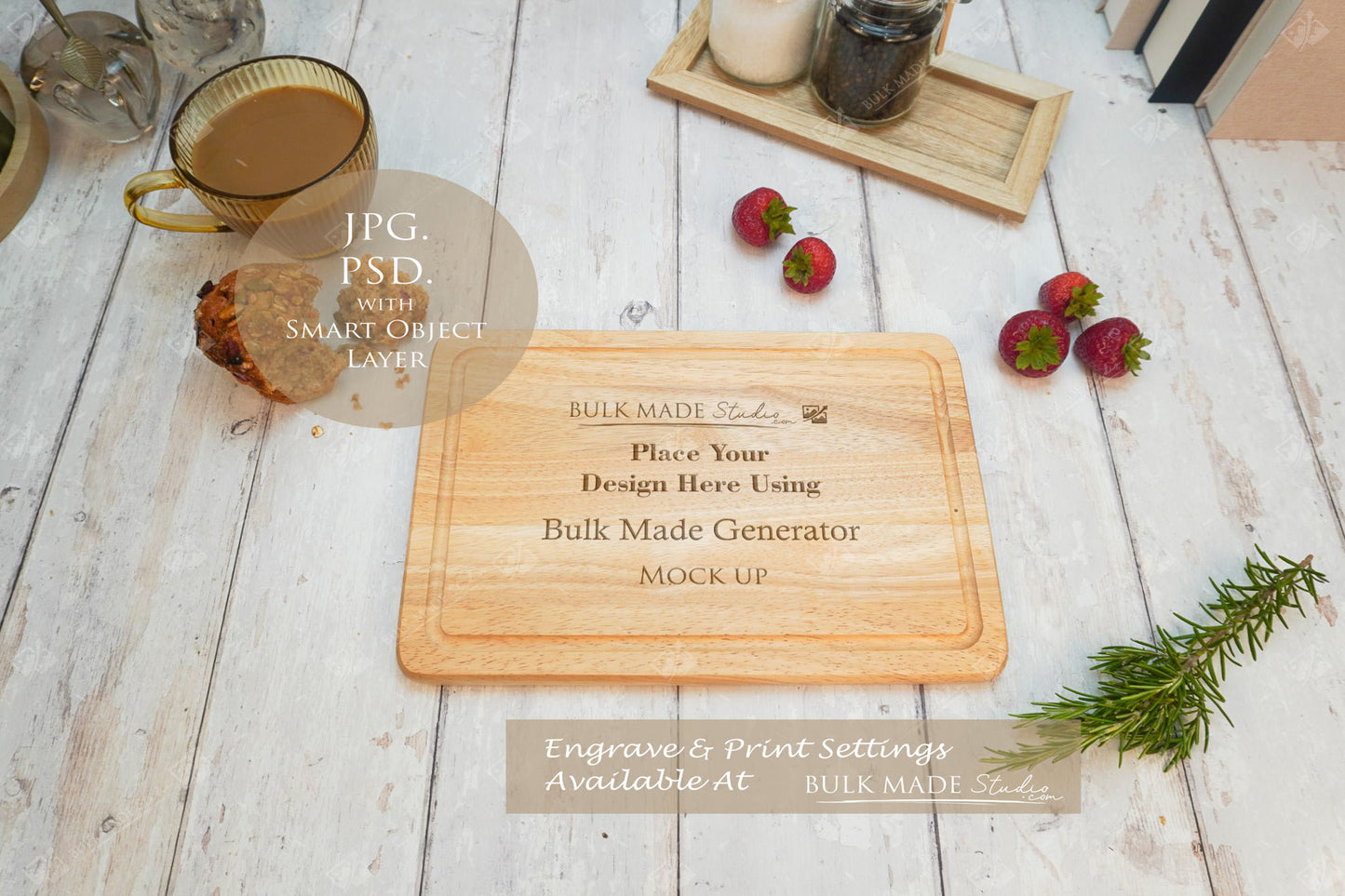 Rectangle Rubberwood Chopping Board Mockup PSD Bundle - Summer Floral Style Mockup - Smart Object Template with Smart Object - UK Product Mockup