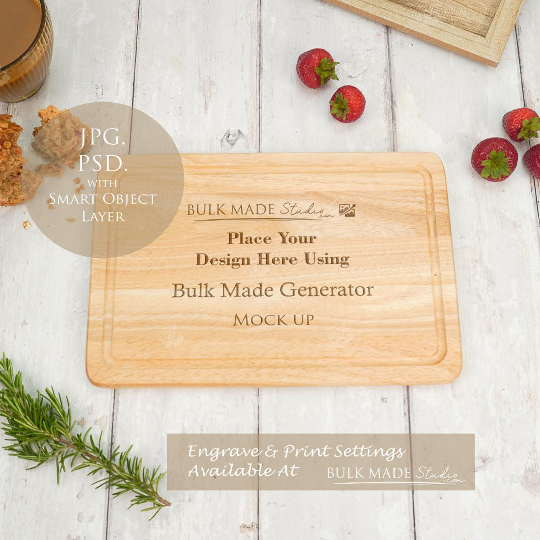 Rectangle Rubberwood Chopping Board Mockup PSD Bundle - Summer Floral Style Mockup - Smart Object Template with Smart Object - UK Product Mockup