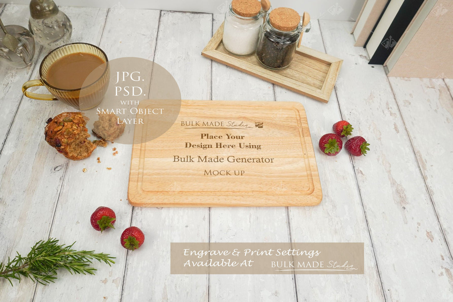 Rectangle Rubberwood Chopping Board Mockup PSD Bundle - Summer Floral Style Mockup - Smart Object Template with Smart Object - UK Product Mockup