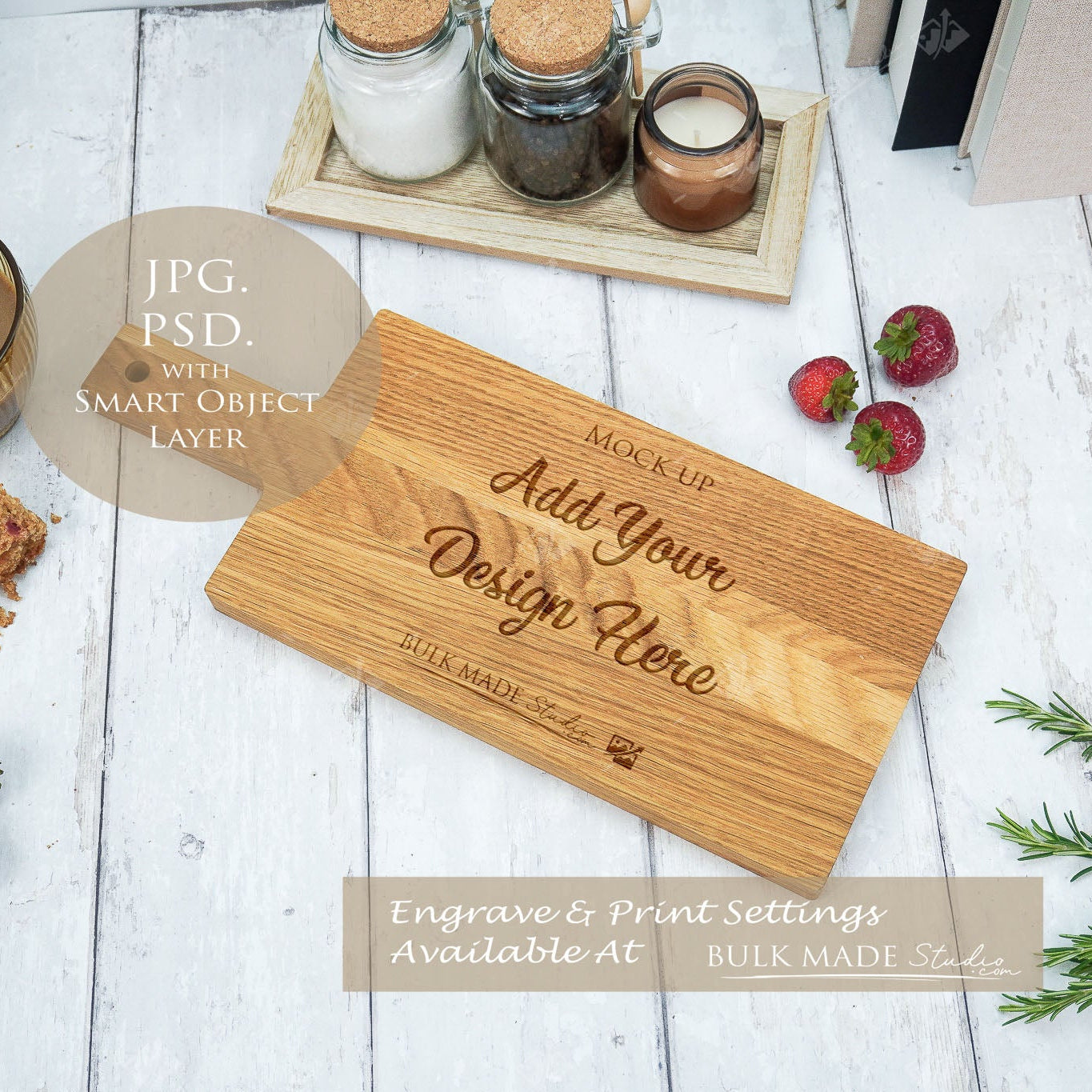 Oak Handled Paddle Chopping Board Mockup PSD Bundle - Summer Floral Style Mockup - Smart Object Template with Smart Object - UK Product Mockup