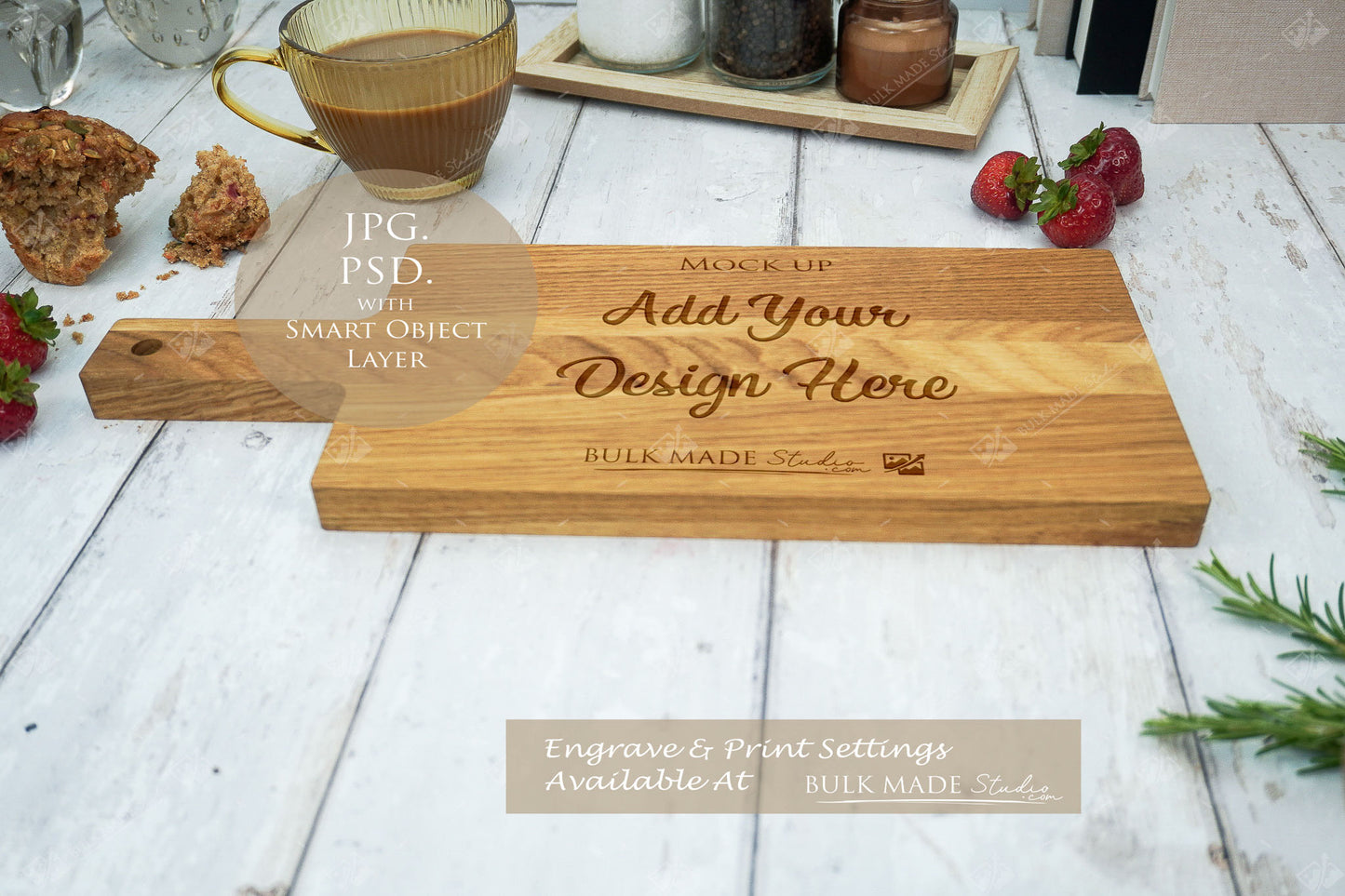Oak Handled Paddle Chopping Board Mockup PSD Bundle - Summer Floral Style Mockup - Smart Object Template with Smart Object - UK Product Mockup
