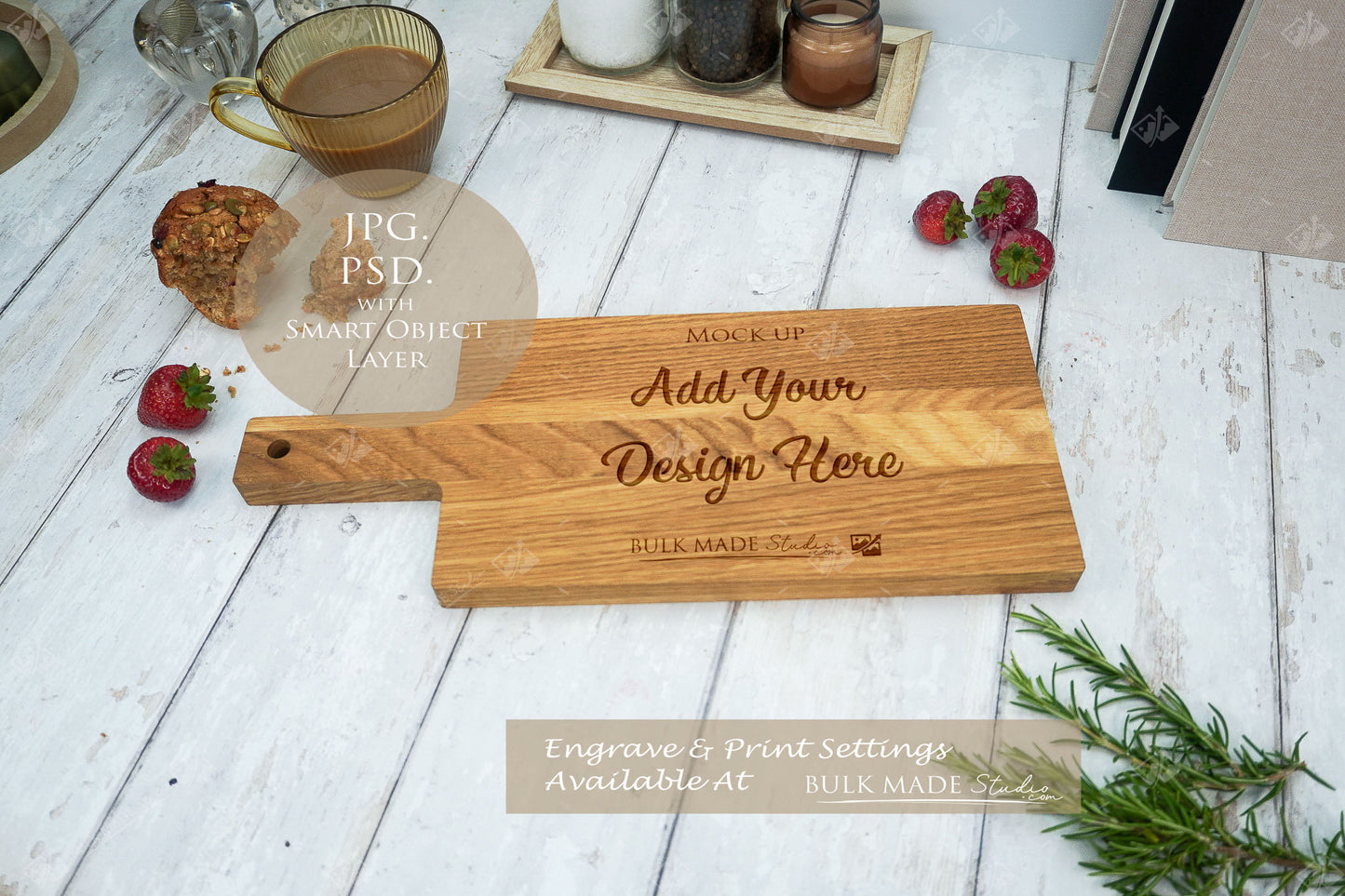 Oak Handled Paddle Chopping Board Mockup PSD Bundle - Summer Floral Style Mockup - Smart Object Template with Smart Object - UK Product Mockup