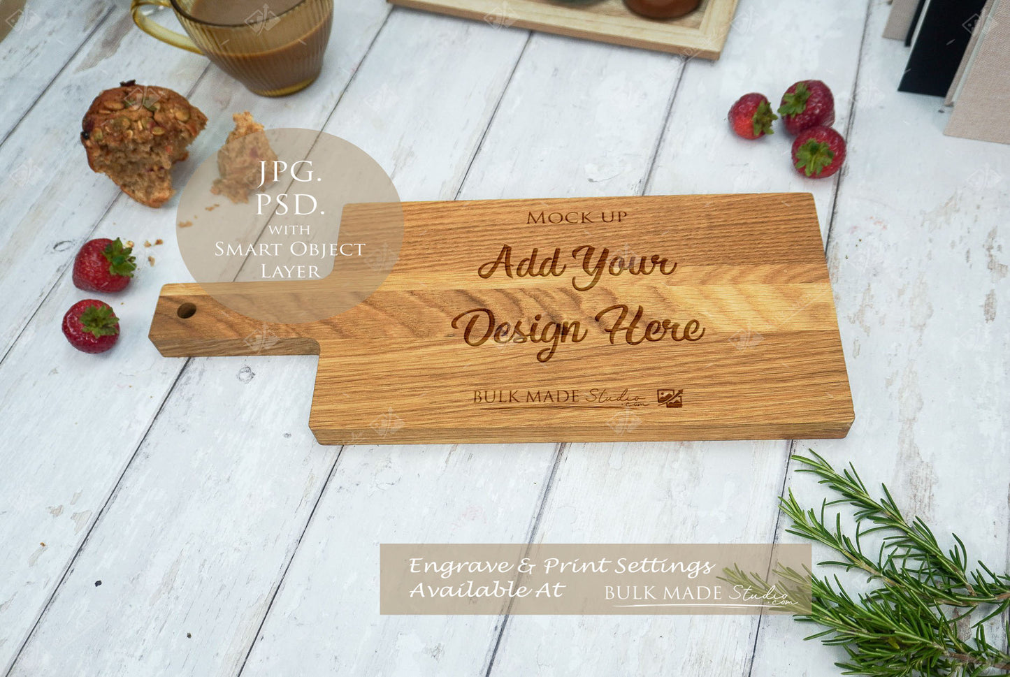 Oak Handled Paddle Chopping Board Mockup PSD Bundle - Summer Floral Style Mockup - Smart Object Template with Smart Object - UK Product Mockup
