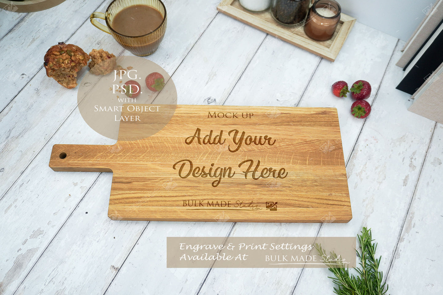 Oak Handled Paddle Chopping Board Mockup PSD Bundle - Summer Floral Style Mockup - Smart Object Template with Smart Object - UK Product Mockup