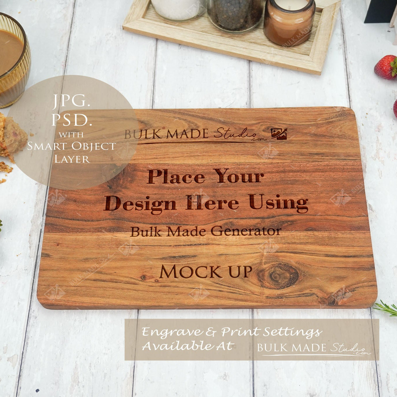 Large Acacia Rectangle Chopping Board Mockup PSD Bundle - Summer Floral Style Mockup - Smart Object Template with Smart Object - UK Product Mockup