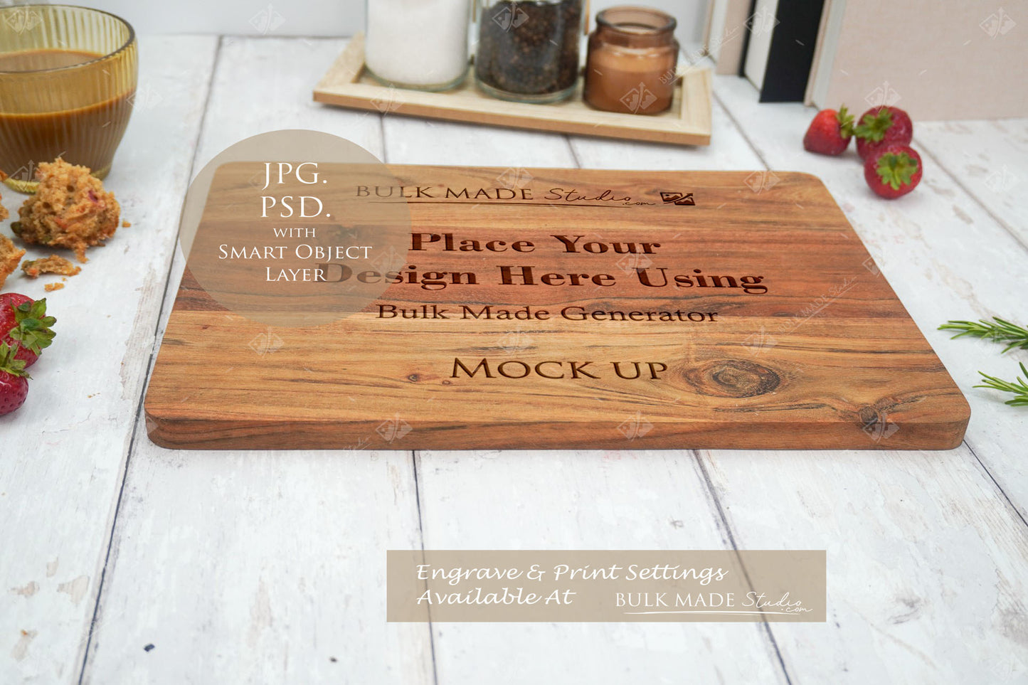 Large Acacia Rectangle Chopping Board Mockup PSD Bundle - Summer Floral Style Mockup - Smart Object Template with Smart Object - UK Product Mockup