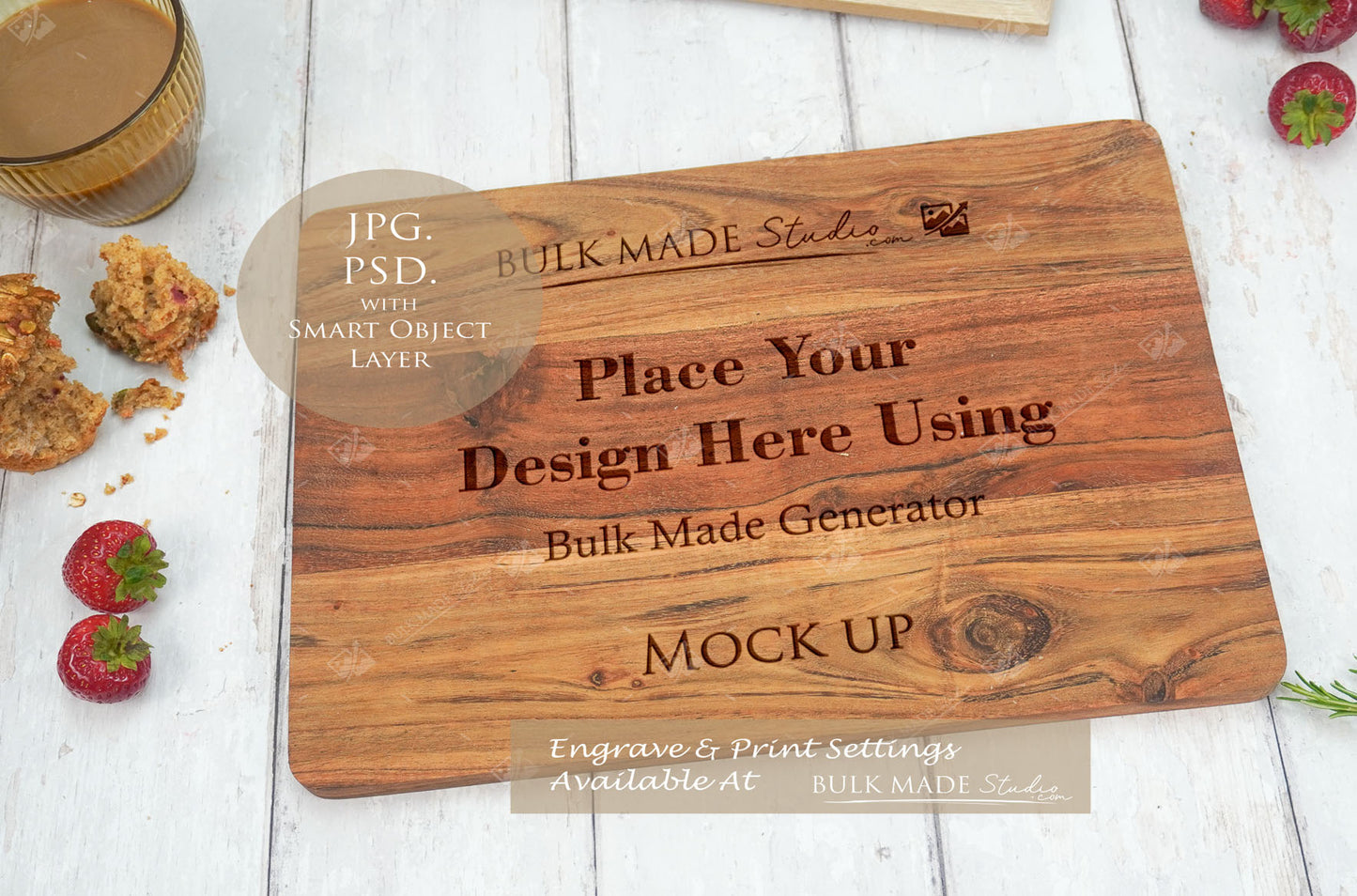 Large Acacia Rectangle Chopping Board Mockup PSD Bundle - Summer Floral Style Mockup - Smart Object Template with Smart Object - UK Product Mockup