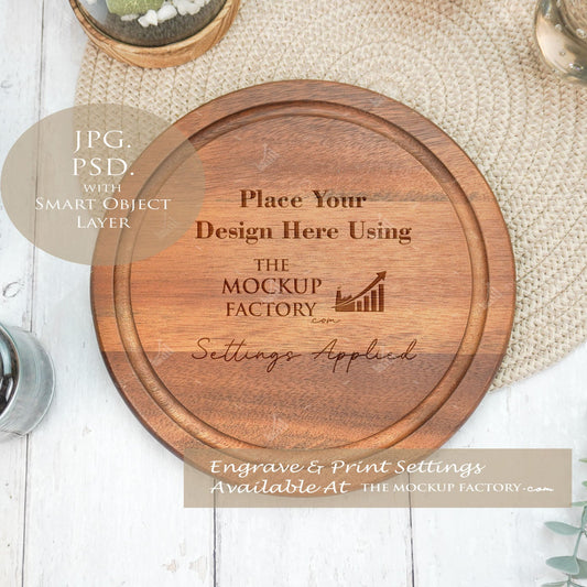Acacia Round Chopping Board Mockup PSD - Natural Botanicals Style Mockup - Smart Object Template with Smart Object - UK Product Mockup