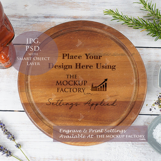 Round Acacia Chopping Board Mockup PSD - Dark Gothic Style Mockup - Smart Object Template with Smart Object - UK Product Mockup