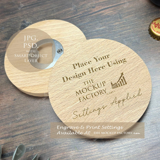 Round Wooden Bottle Opener 9.5cm Beech Mockup PSD - Dark Vintage Style Mockup - Smart Object Template with Smart Object - UK Product Mockup