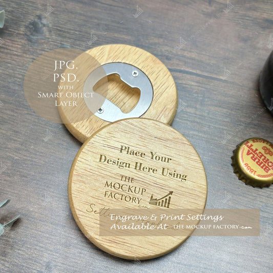 Round Wooden Bottle Opener 7cm Beech Mockup PSD - Dark Vintage Style Mockup - Smart Object Template with Smart Object - UK Product Mockup
