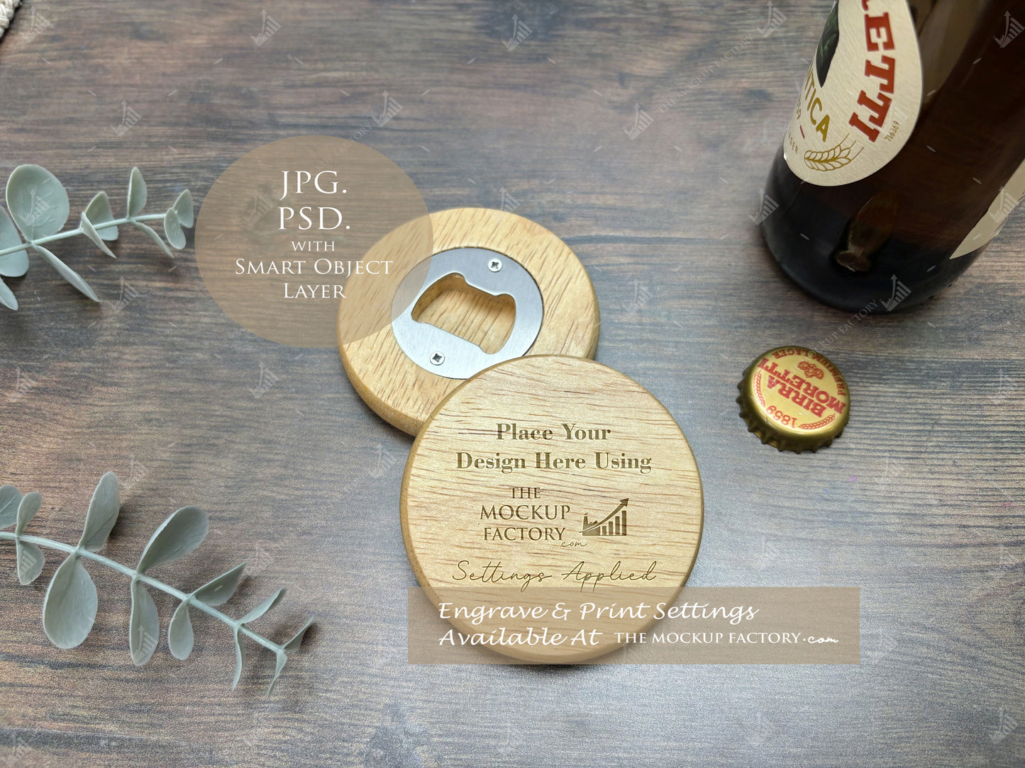 Round Wooden Bottle Opener 7cm Beech Mockup PSD - Dark Vintage Style Mockup - Smart Object Template with Smart Object - UK Product Mockup