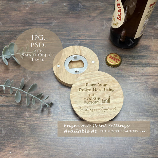 Round Wooden Oak Magnetic Bottle Opener 8cm Mockup PSD - Dark Vintage Style Mockup - Smart Object Template with Smart Object - UK Product Mockup