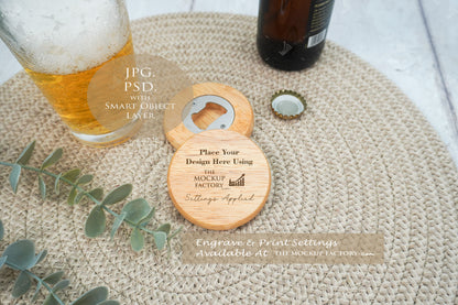 Round Wooden Beech 7cm Bottle Opener Mockup Bundle PSD -Natural Botanicals Style Mockup - Smart Object Template with Smart Object - UK Product Mockup