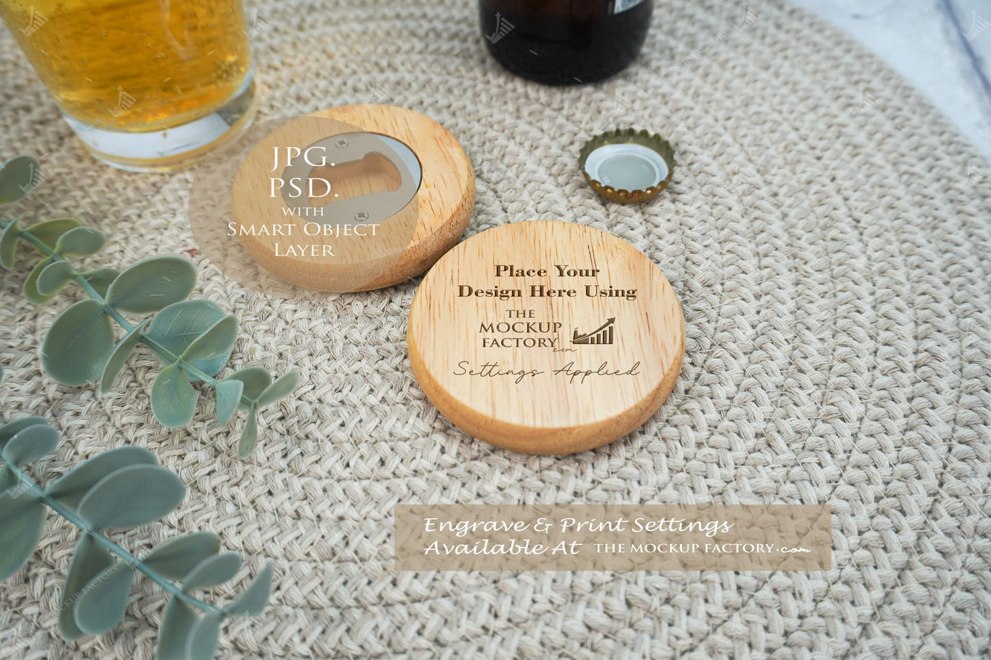 Round Wooden Beech 7cm Bottle Opener Mockup Bundle PSD -Natural Botanicals Style Mockup - Smart Object Template with Smart Object - UK Product Mockup