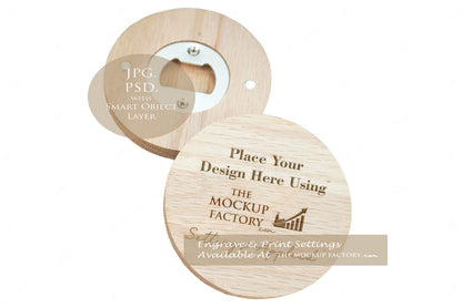 Round Oak - Varnished  & Unvarnished Magnetic Bottle Opener 8cm  Mockup Bundle PSD -Natural Botanicals Style Mockup - Smart Object Template with Smart Object - UK Product Mockup