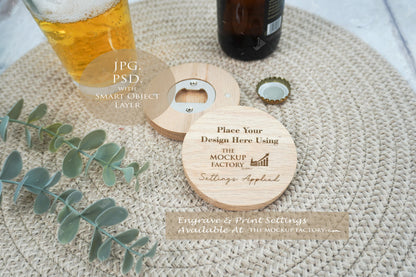 Round Oak - Varnished  & Unvarnished Magnetic Bottle Opener 8cm  Mockup Bundle PSD -Natural Botanicals Style Mockup - Smart Object Template with Smart Object - UK Product Mockup