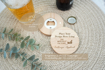 Round Oak - Varnished  & Unvarnished Magnetic Bottle Opener 8cm  Mockup Bundle PSD -Natural Botanicals Style Mockup - Smart Object Template with Smart Object - UK Product Mockup