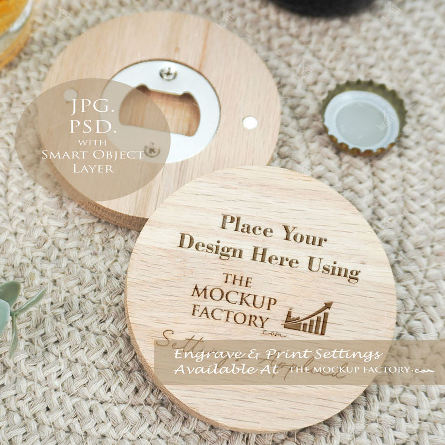 Round Oak - Varnished  & Unvarnished Magnetic Bottle Opener 8cm  Mockup Bundle PSD -Natural Botanicals Style Mockup - Smart Object Template with Smart Object - UK Product Mockup
